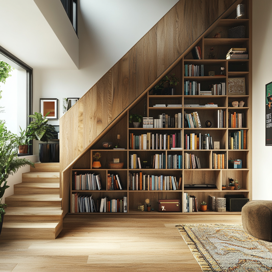 Built-in bookshelves along the staircase wall
