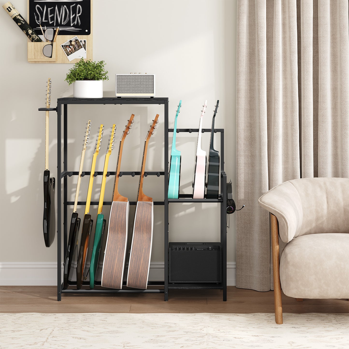 Guitar AMP Stand in the living room holding guitars and bass and uklele