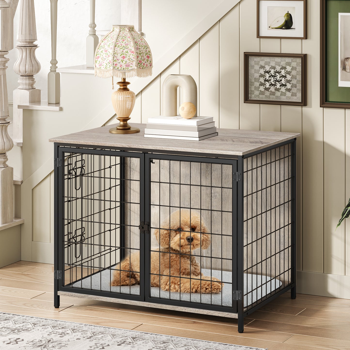 greige dog crate with anti-chewing wires