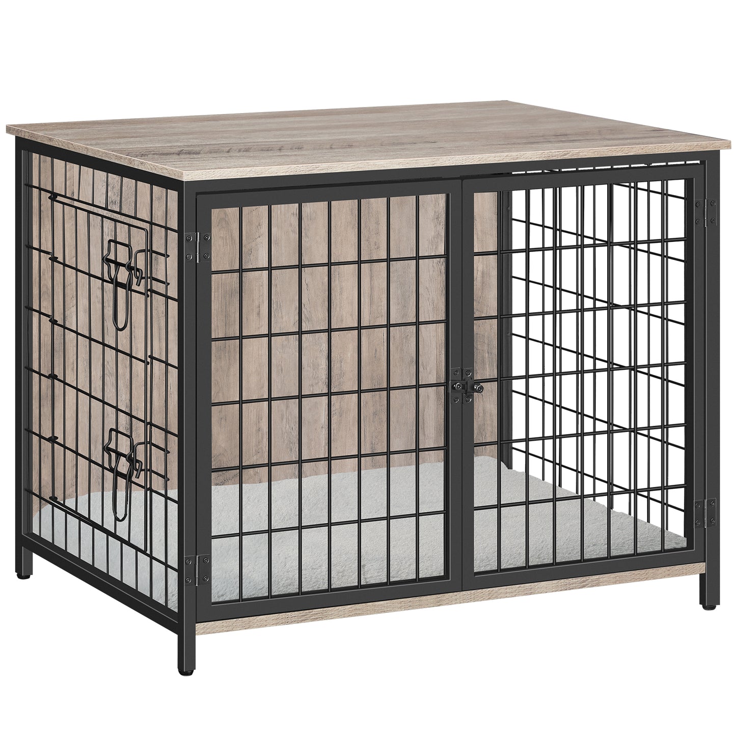 greige dog crate with pads