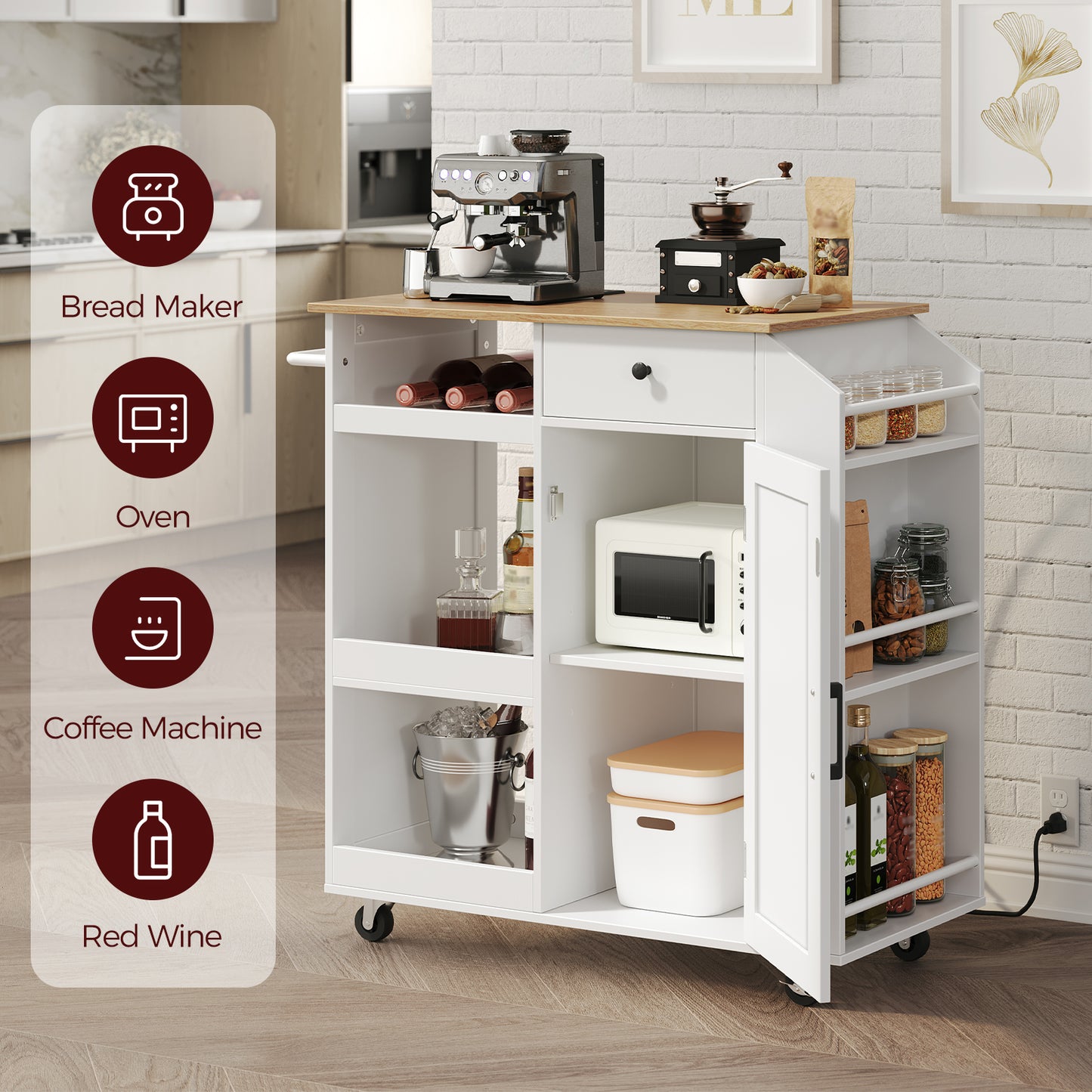 MAHANCRIS Mobile Kitchen Island with Power Outlet & Wine Rack