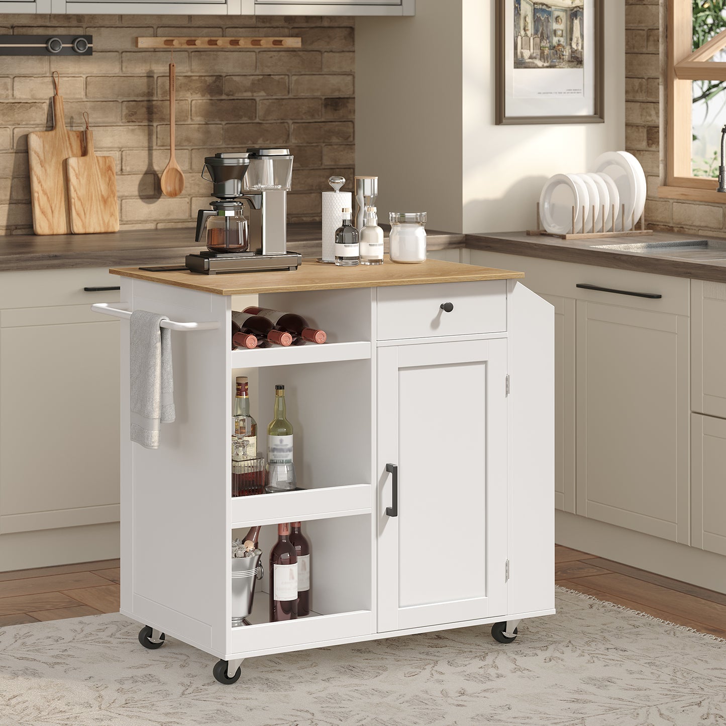MAHANCRIS Mobile Kitchen Island with Power Outlet & Wine Rack