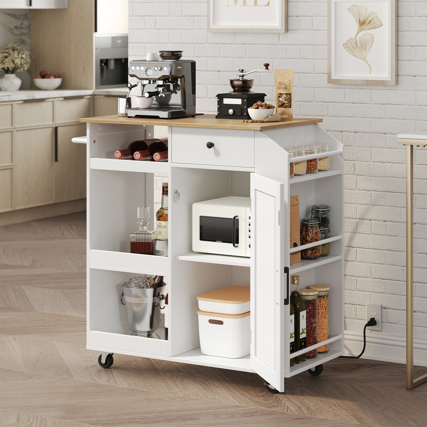 MAHANCRIS Mobile Kitchen Island with Power Outlet & Wine Rack