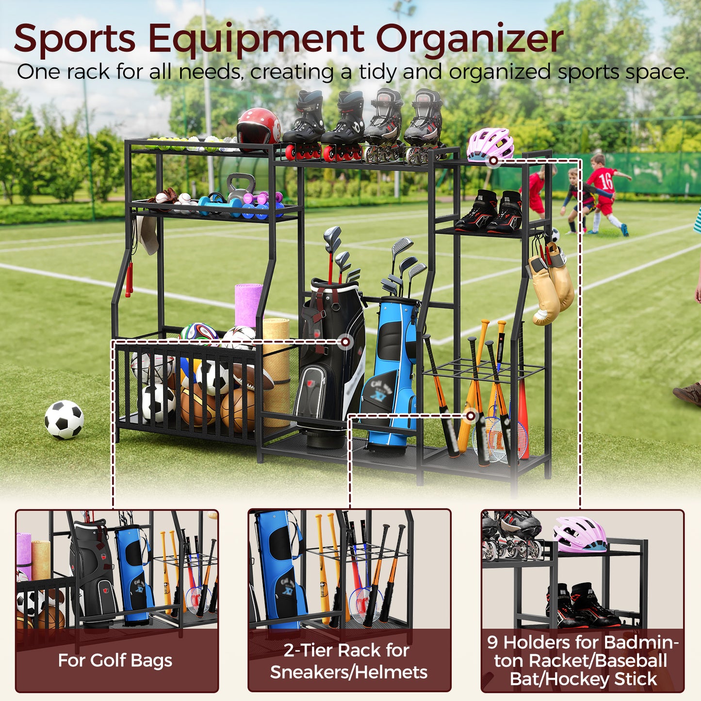 sports equipment organizer for golf bags, helmets, badminton rackets, and baseball bats