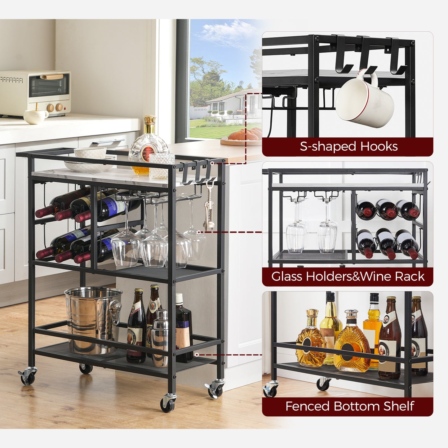 MAHANCRIS 3-Tier Rolling Bar Cart