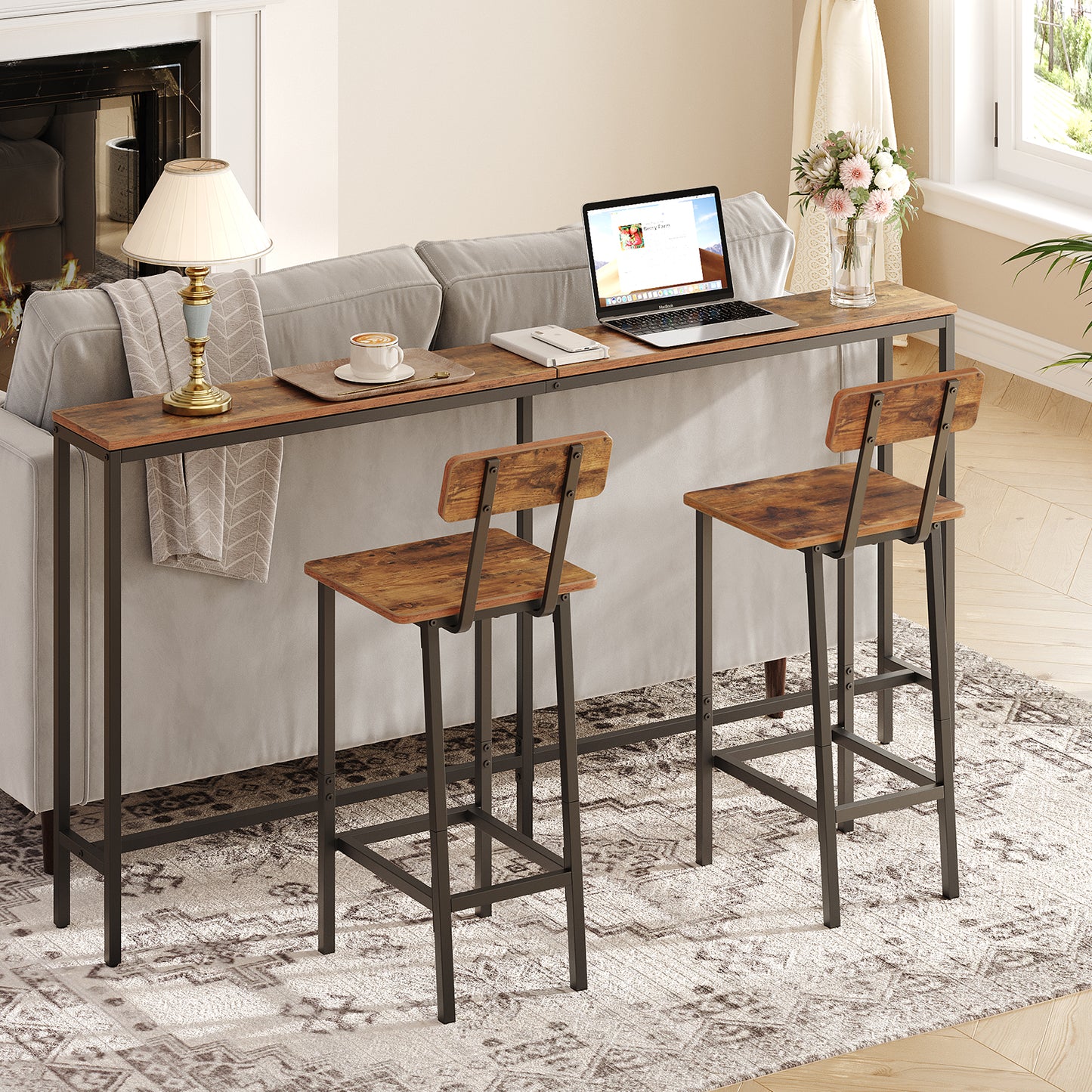 MAHANCRIS 24.1 Inches Set of 2 Bar Stools with Backrest Rustic Brown