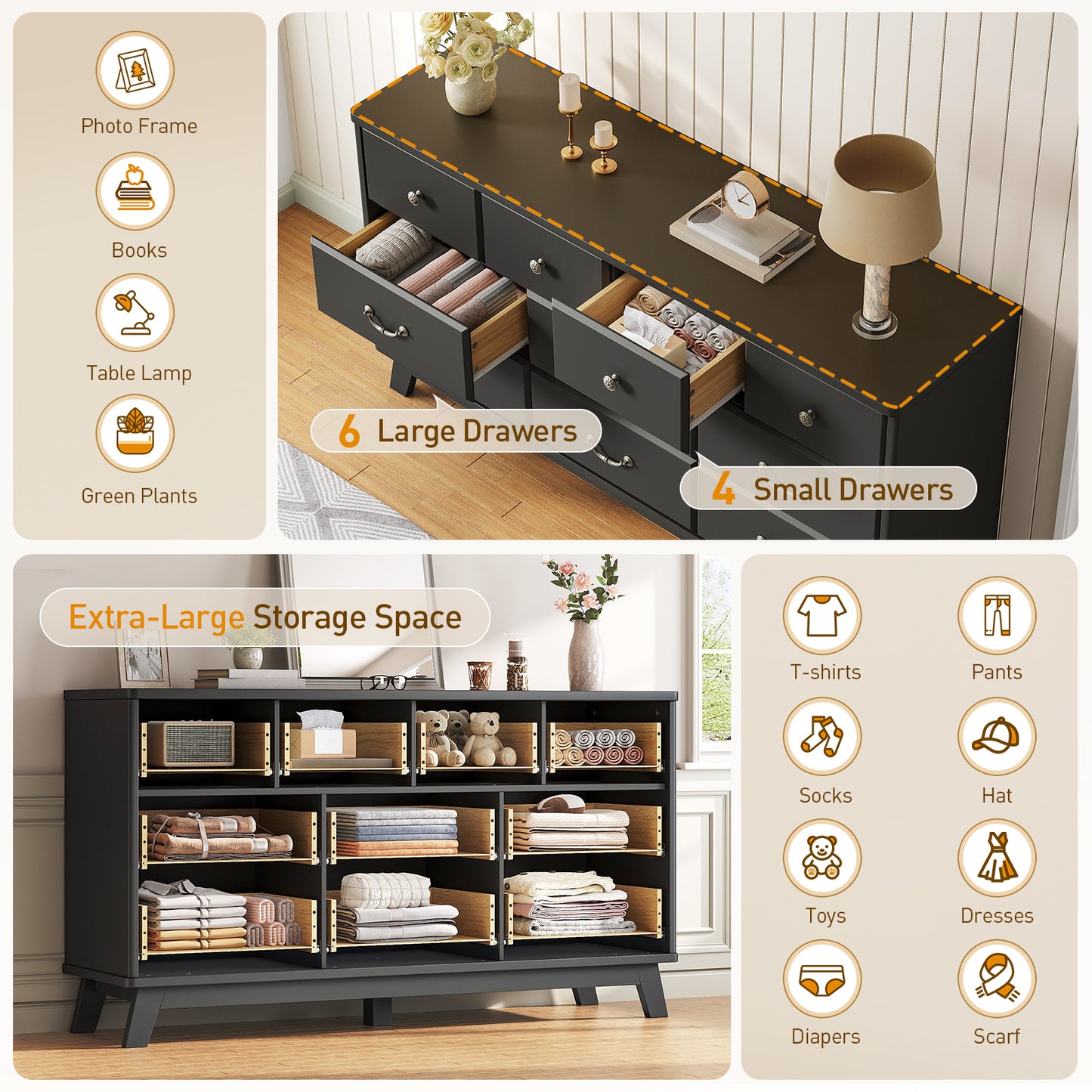 Black Dresser with Large Storage Space – Black dresser offering spacious storage with multiple drawers.