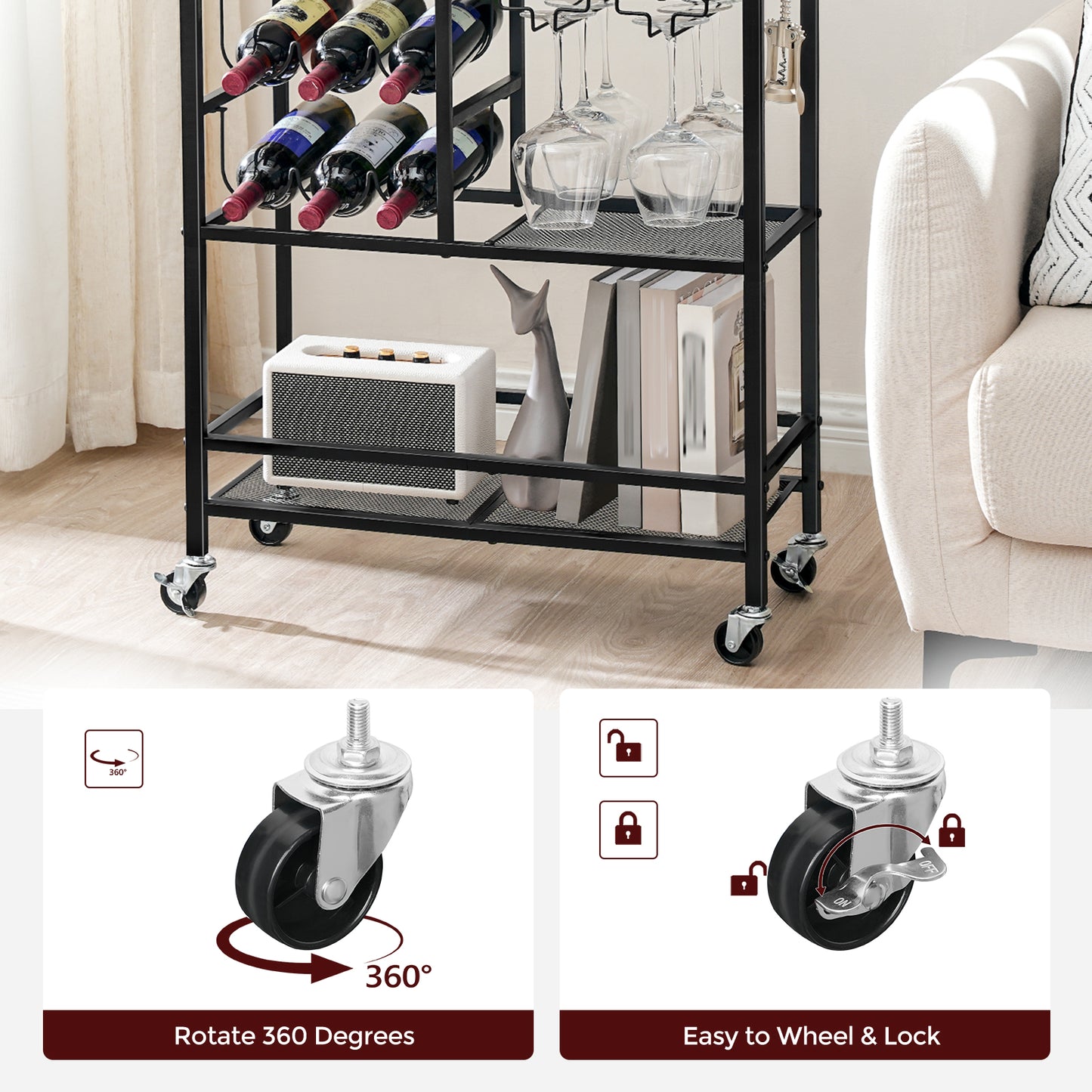 MAHANCRIS 3-Tier Rolling Bar Cart