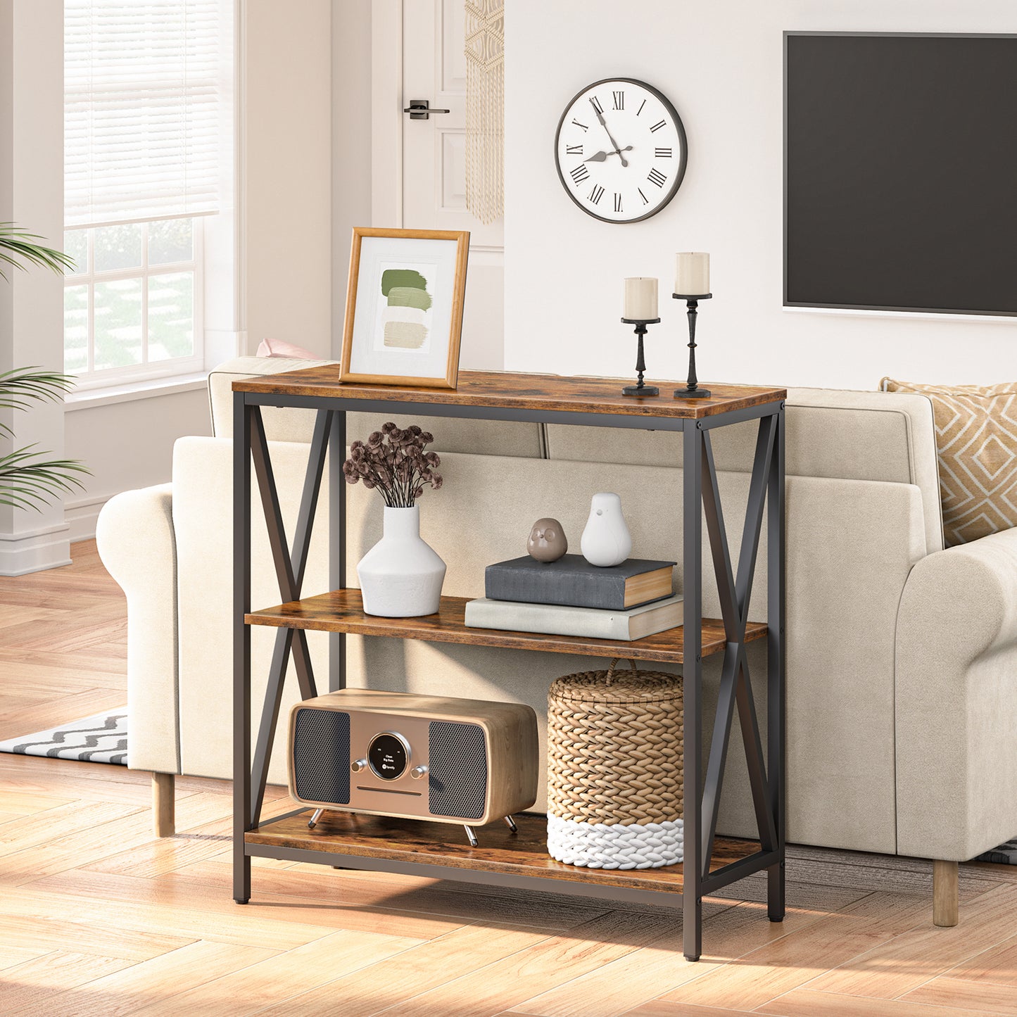 3 tier behind the sofa console table