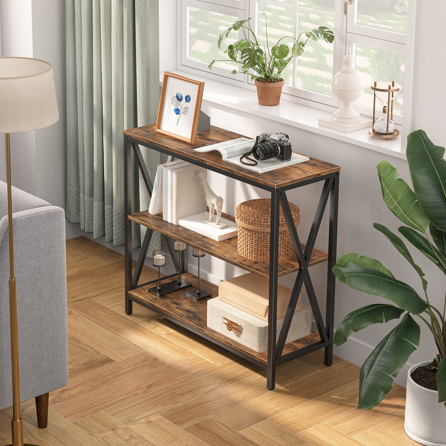 cosnole table to storage behind the windows