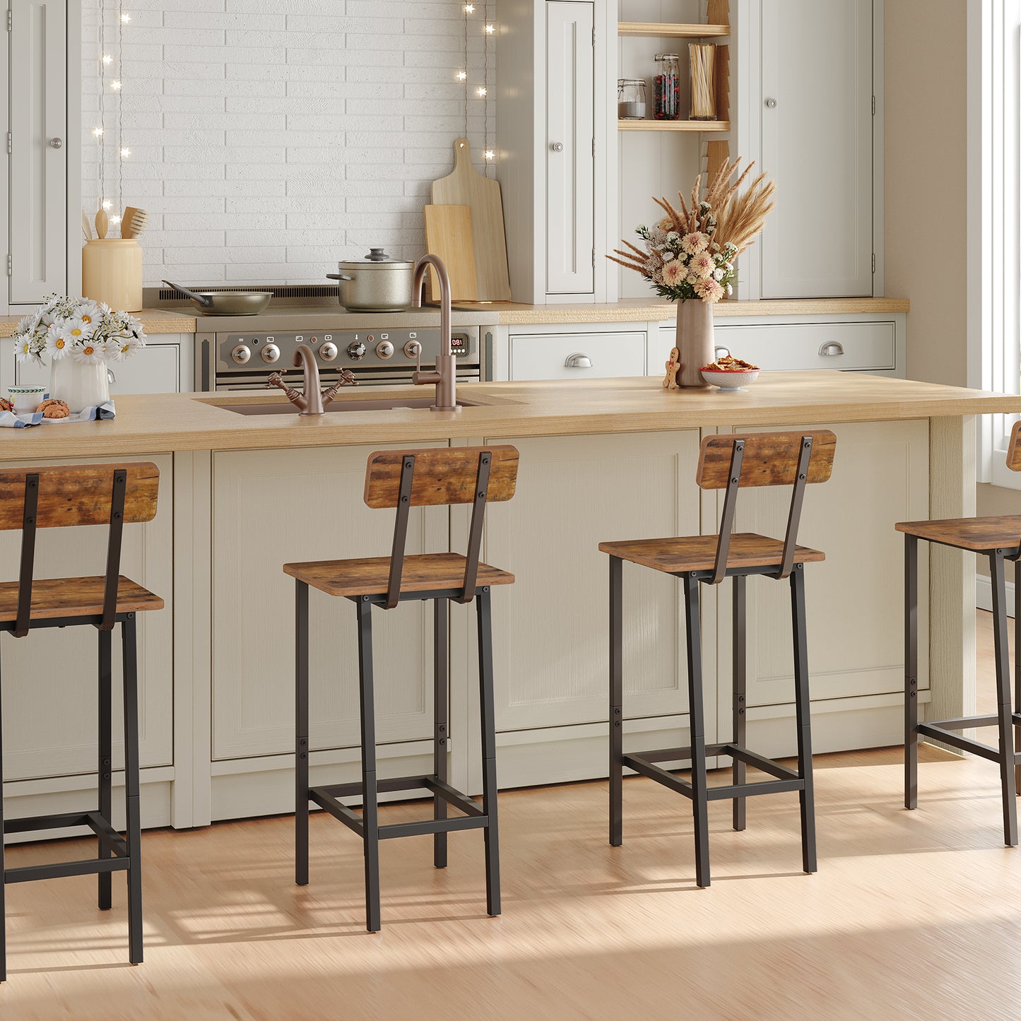 MAHANCRIS 24.1 Inches Set of 2 Bar Stools with Backrest Rustic Brown