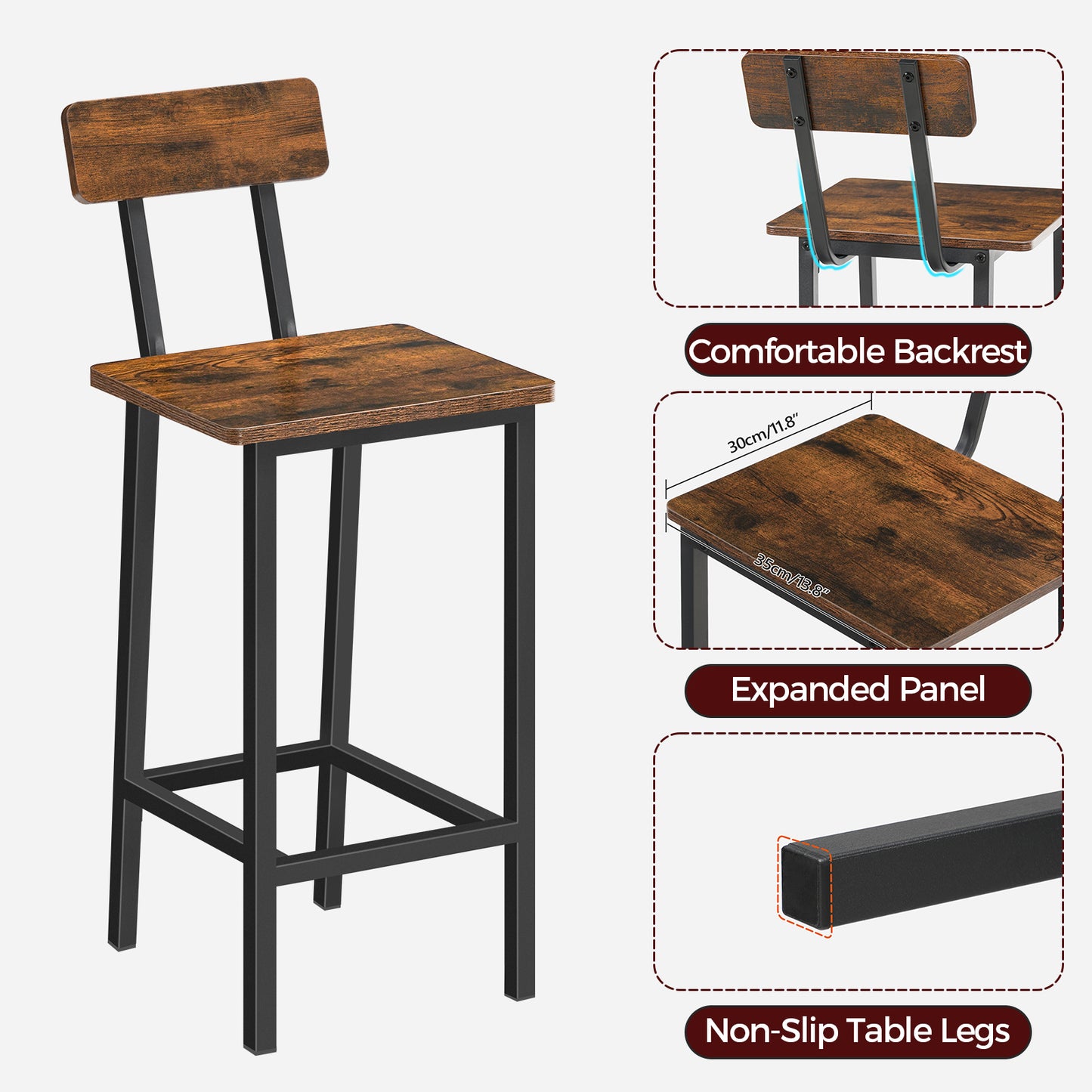 MAHANCRIS 24.1 Inches Set of 2 Bar Stools with Backrest Rustic Brown