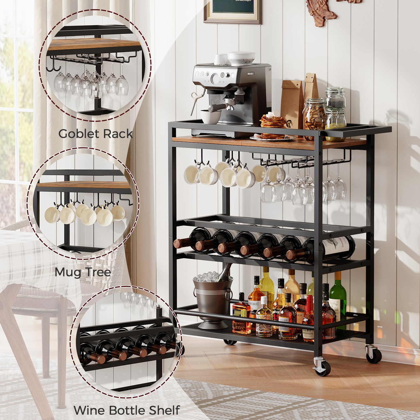 MAHANCRIS 3-Tier Serving Cart with Wine Rack