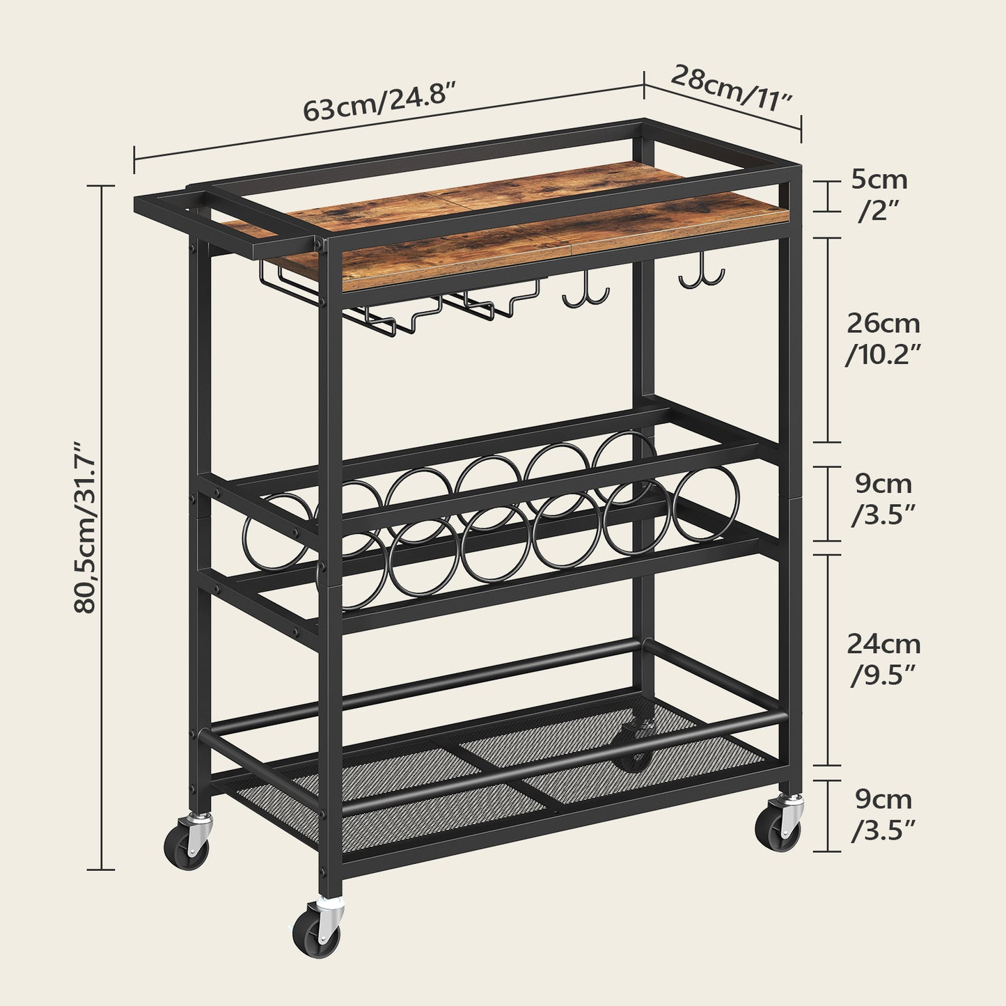 MAHANCRIS 3-Tier Serving Cart with Wine Rack
