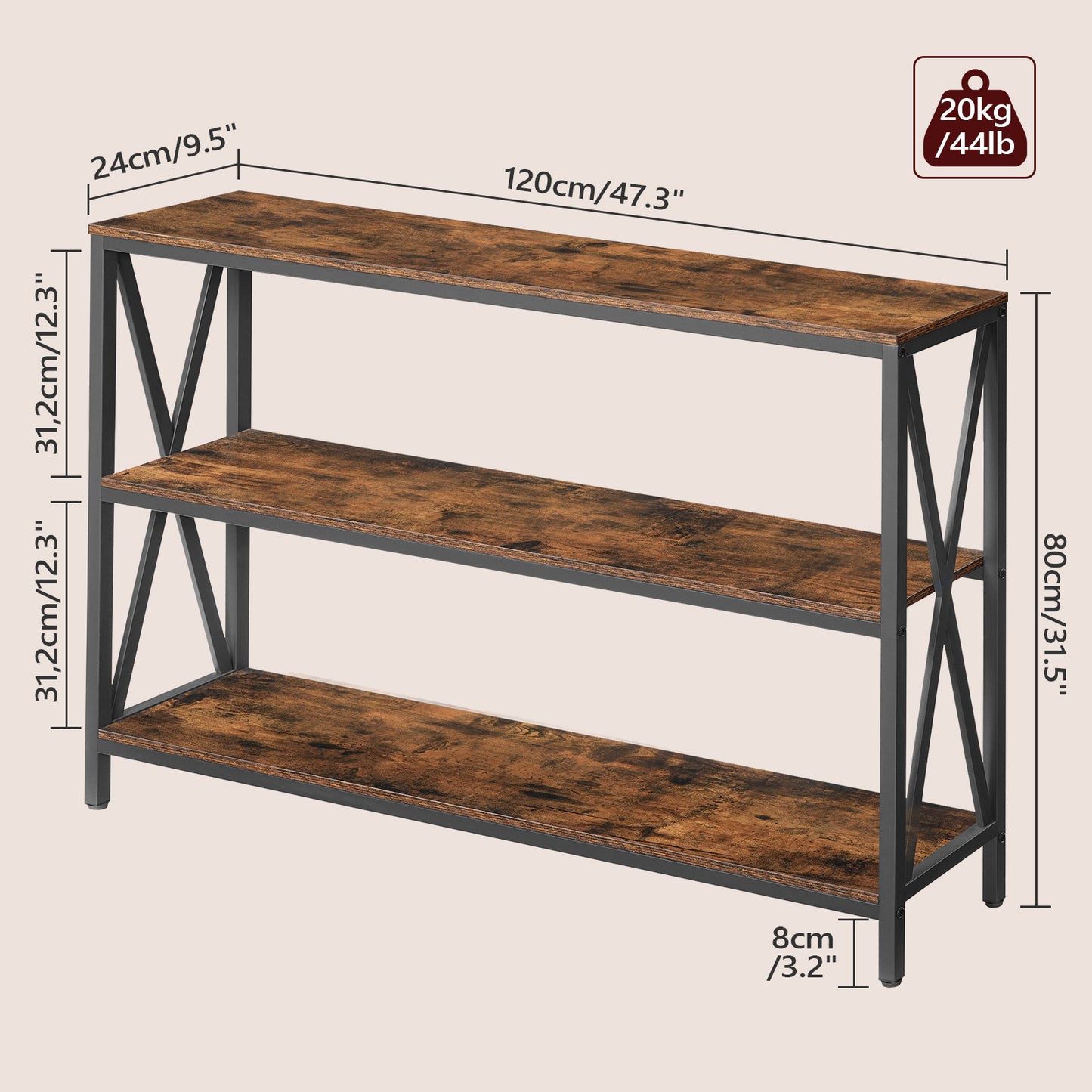 MAHANCRIS 47.2" 3-Tier Industrial Console Table