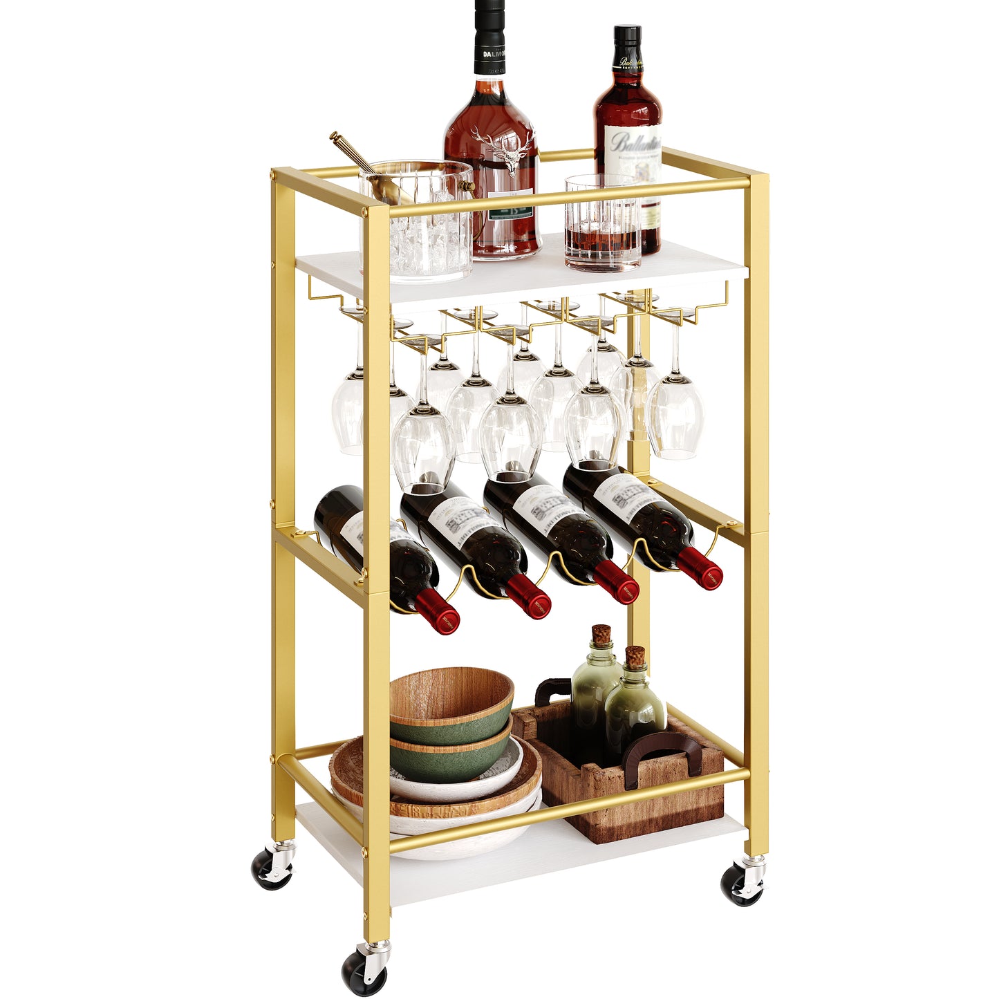 bar cart with glass holders and bottle rack