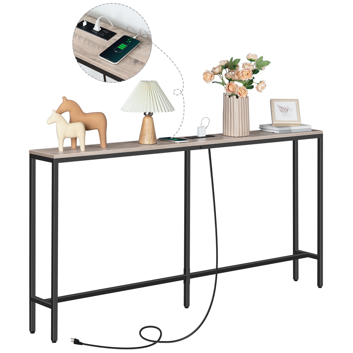 greige console table with power station