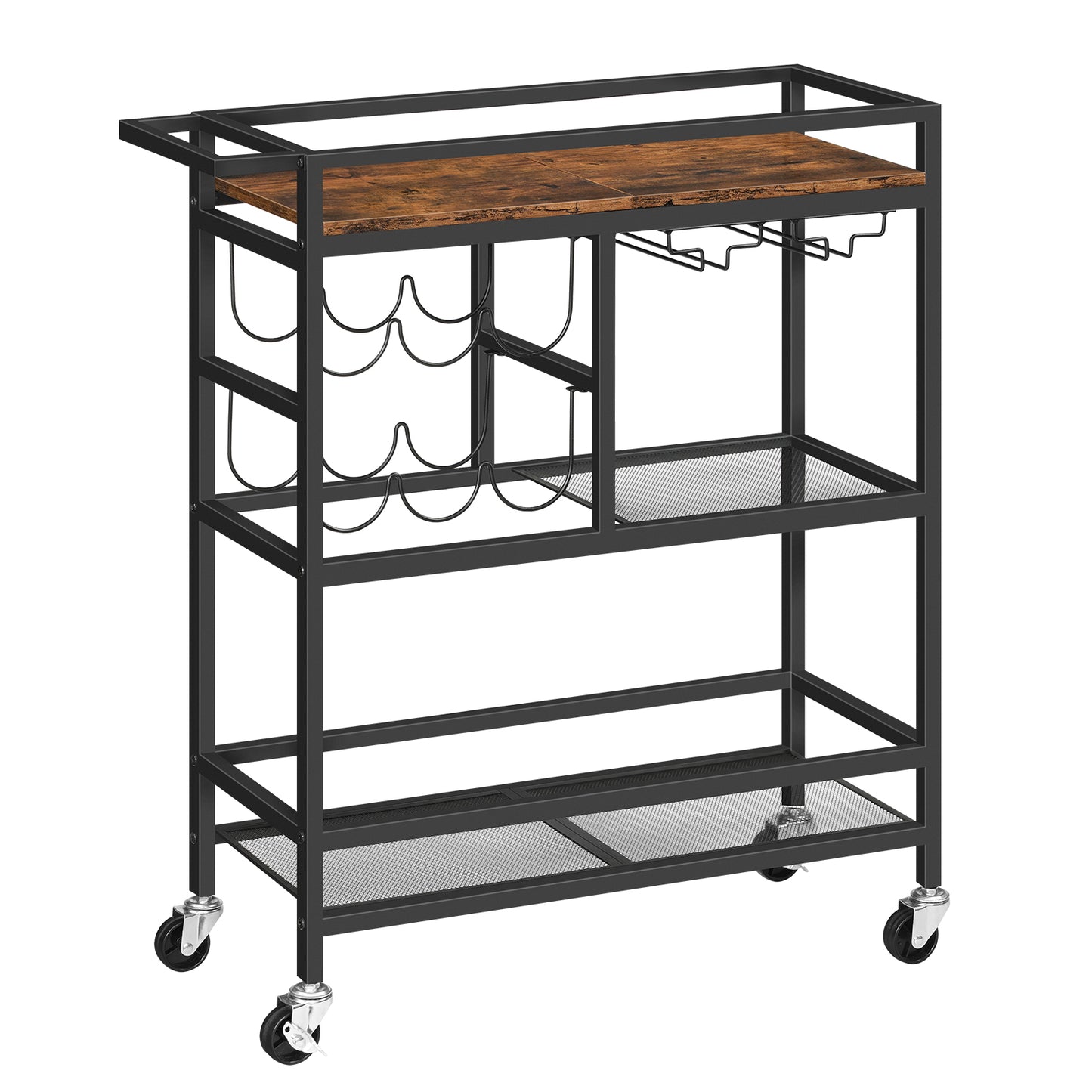 rustic brown bar cart with fenced shelveds
