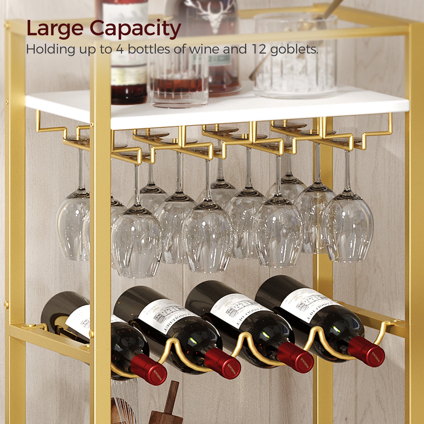 large capacity bar cart for wine and goblets