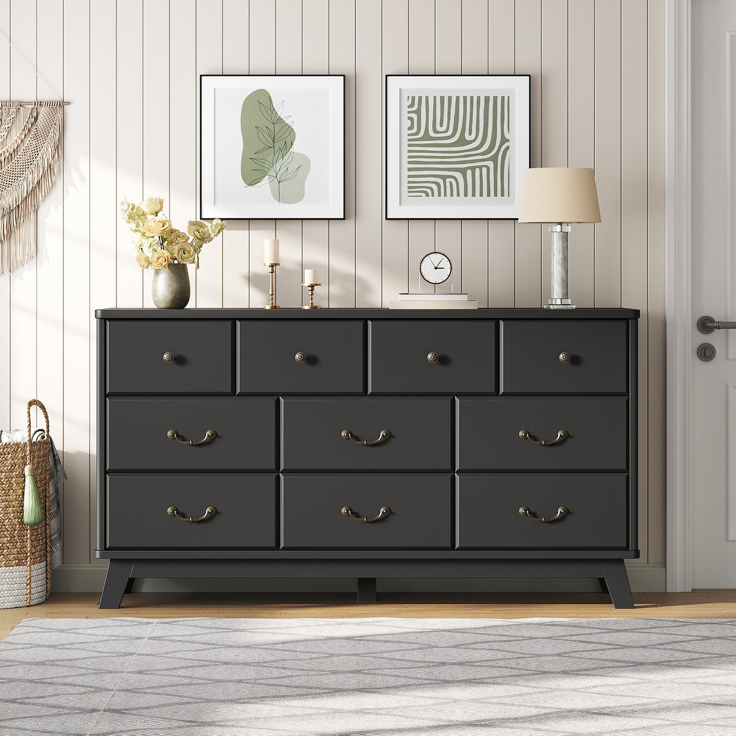 Living Room Black Dresser with Vintage Handle – Black dresser with vintage brass handles, perfect for living room storage.