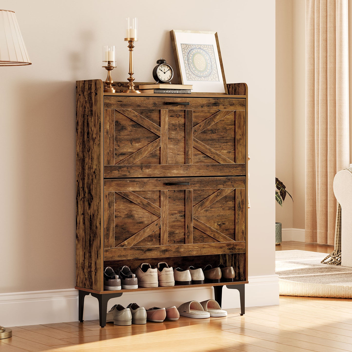 4 tier rustic brown shoe cabinet