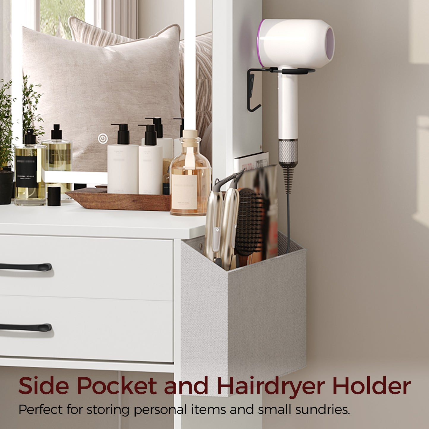 side pocket and hair dryer for white vanity desk
