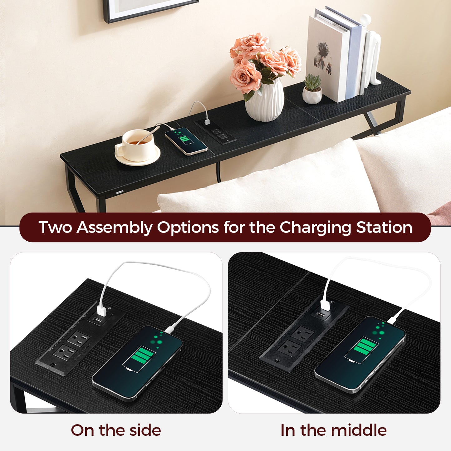 two assembly options for the charging station of the console table