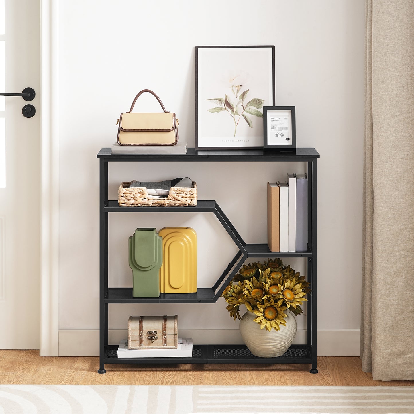 black console table storage shelves 