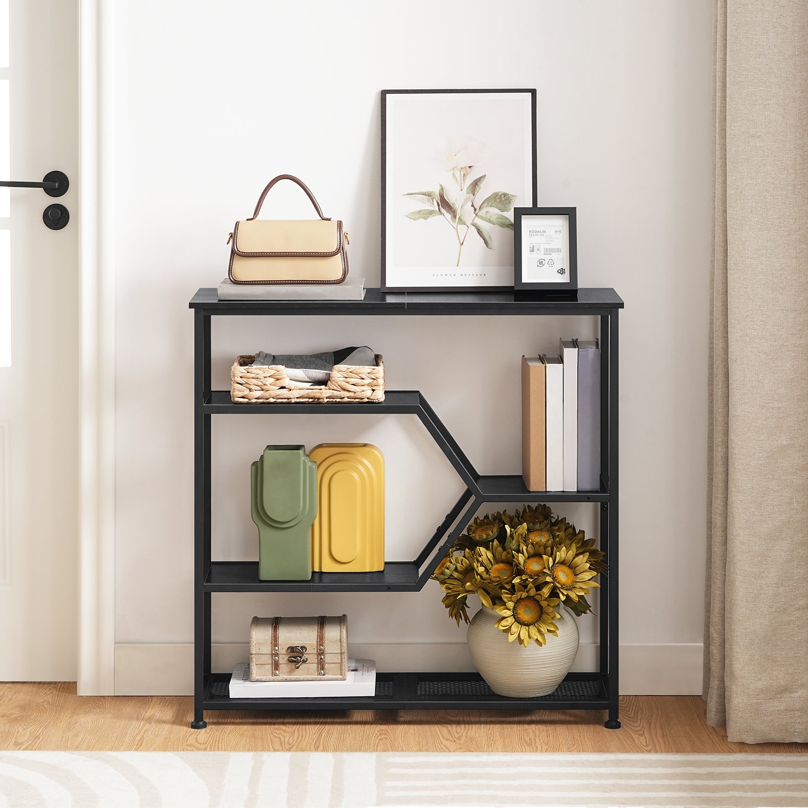 black console table storage shelves 