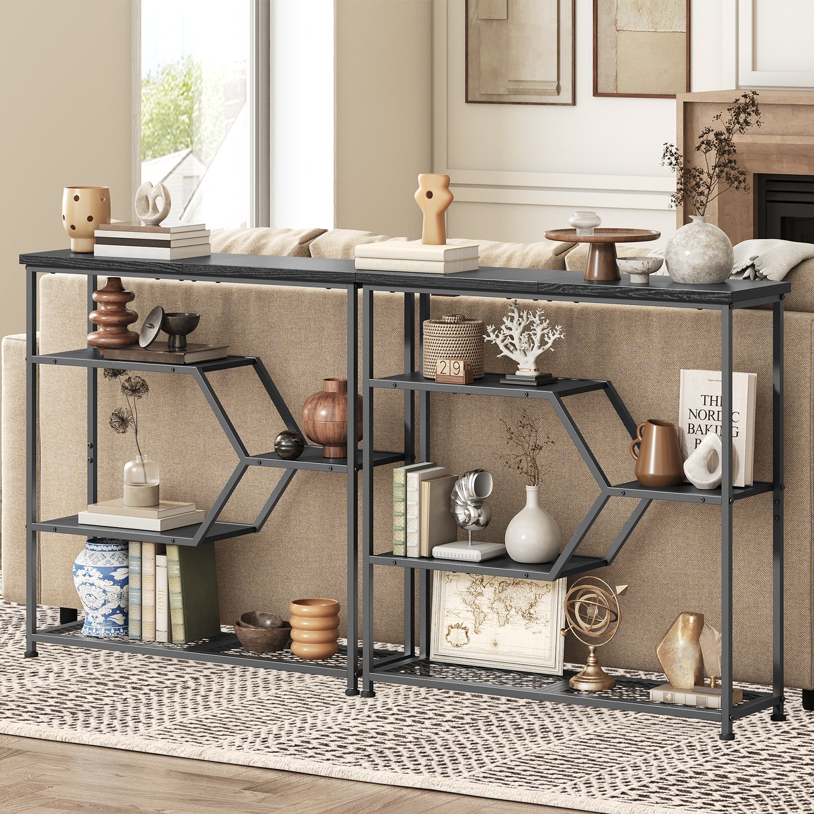 black console tabl set behind sofa