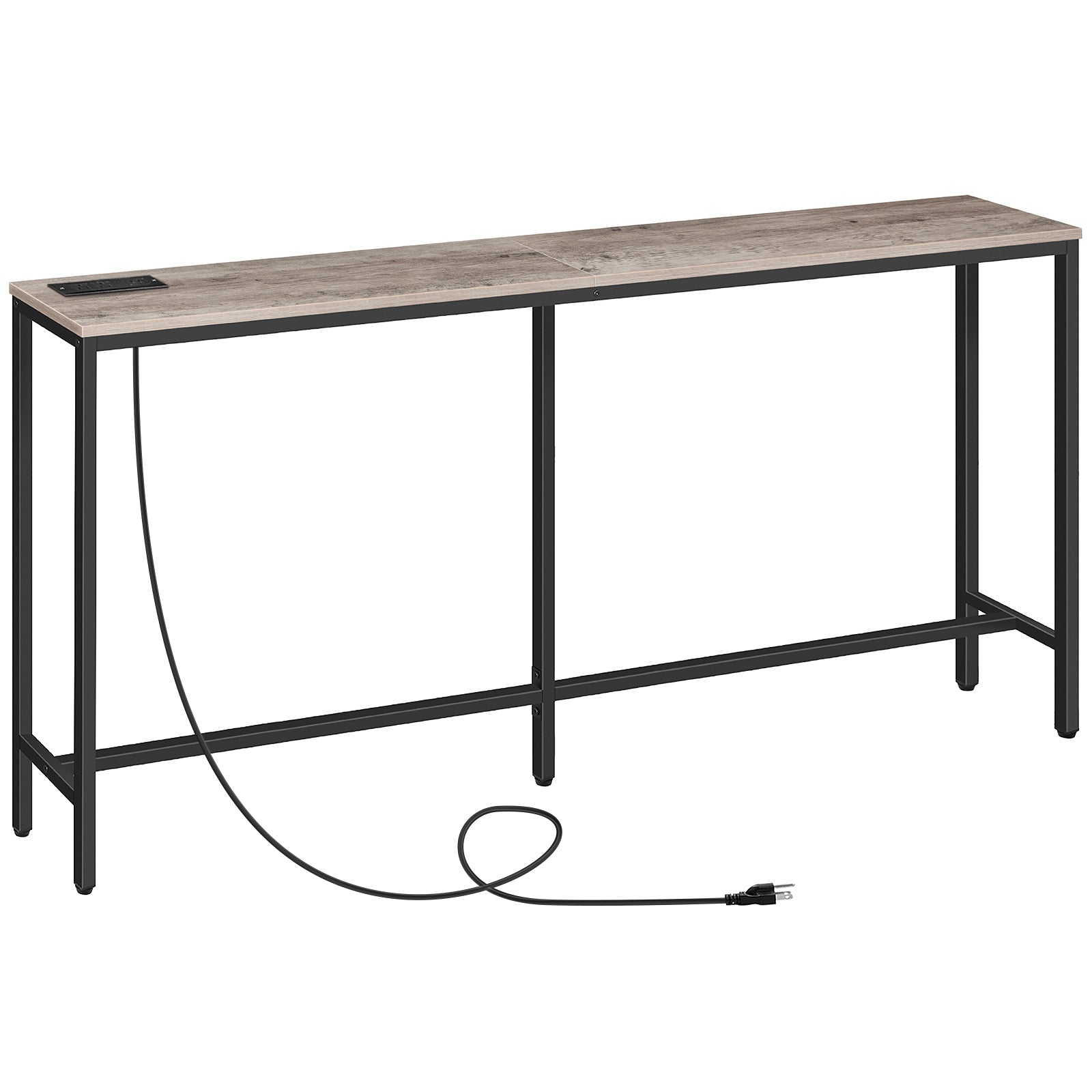 greige console table with power outelte