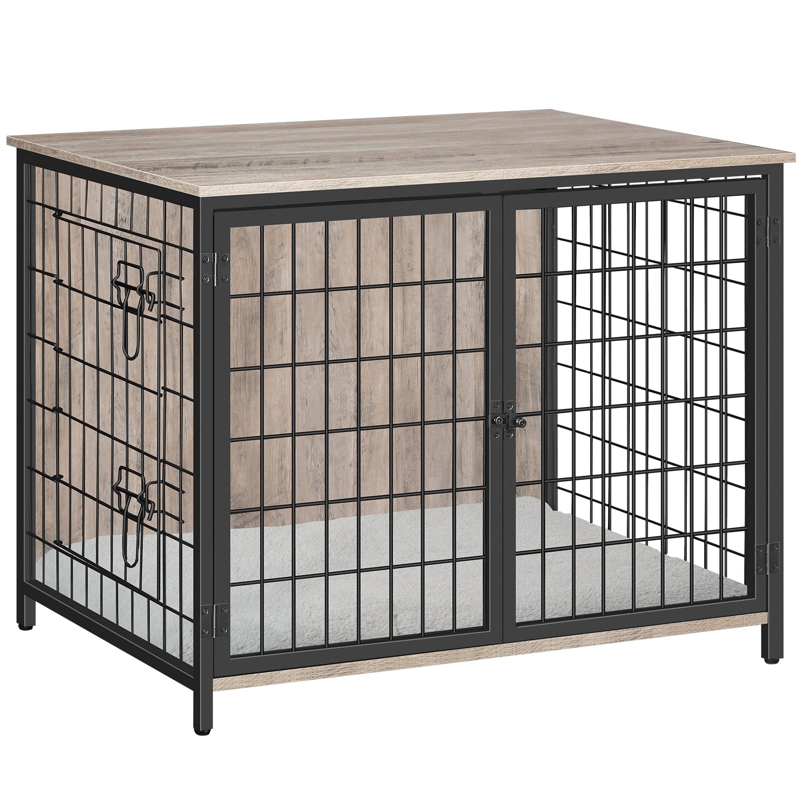 greige dog crate with pads