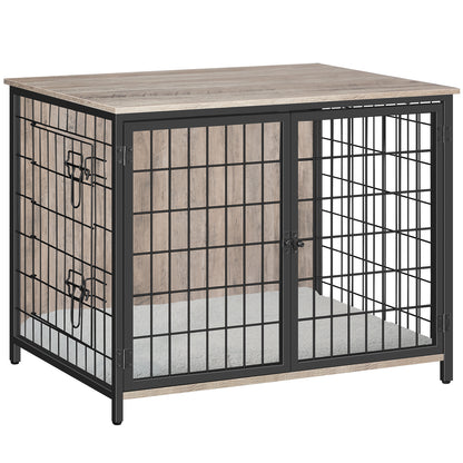 greige dog crate with pads