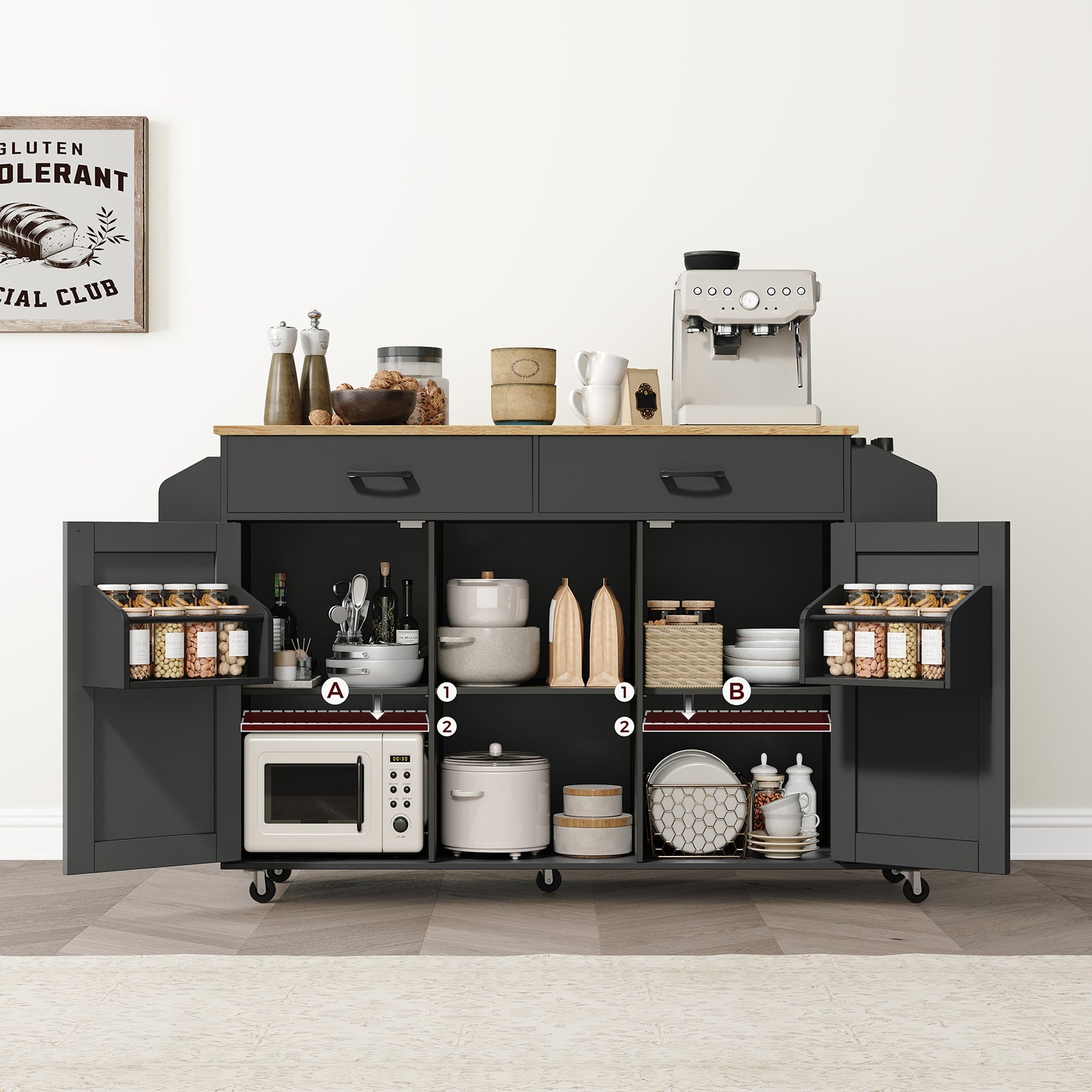 Mordern wooden kitchen cart with storage shelves