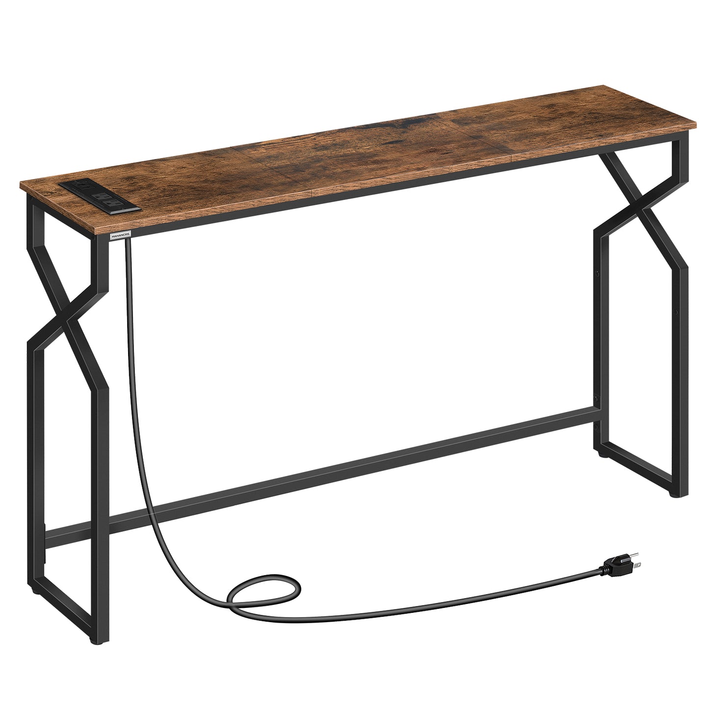 rustic brown console table with power station