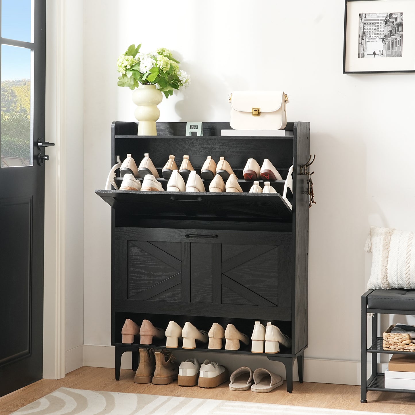 black flip down shoe rack 