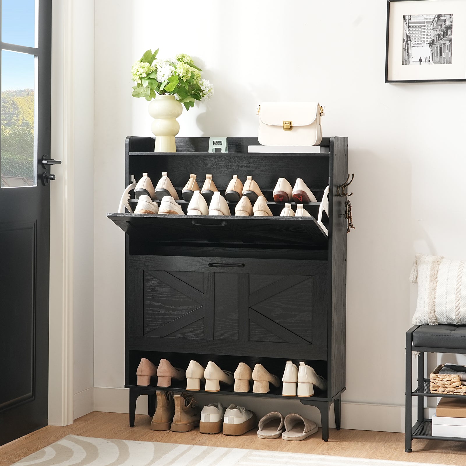 black flip down shoe rack 
