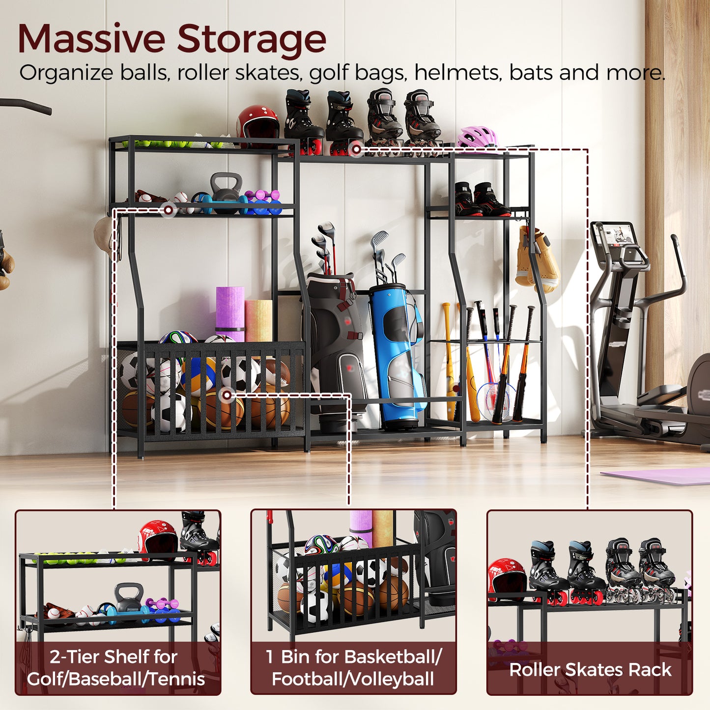 massive storage rack for balls, roller skates, golf bags and helmets and bats