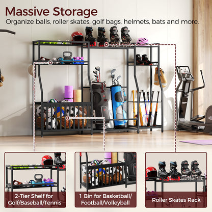 massive storage rack for balls, roller skates, golf bags and helmets and bats