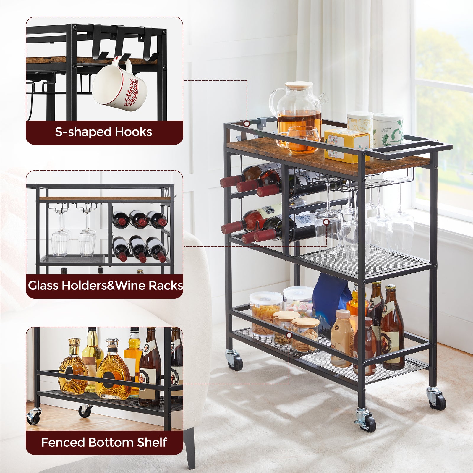 s-sahaped hooks and glass holder, wine rack for bar cart