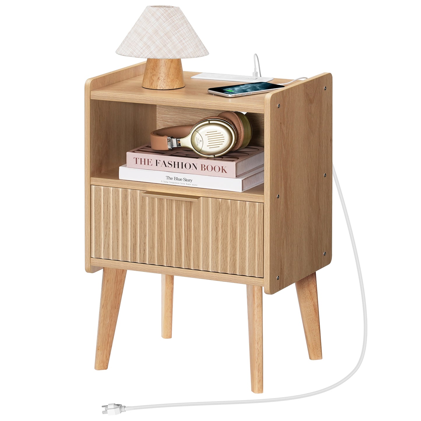 Modern Mid-Century Nightstand with Charging Station