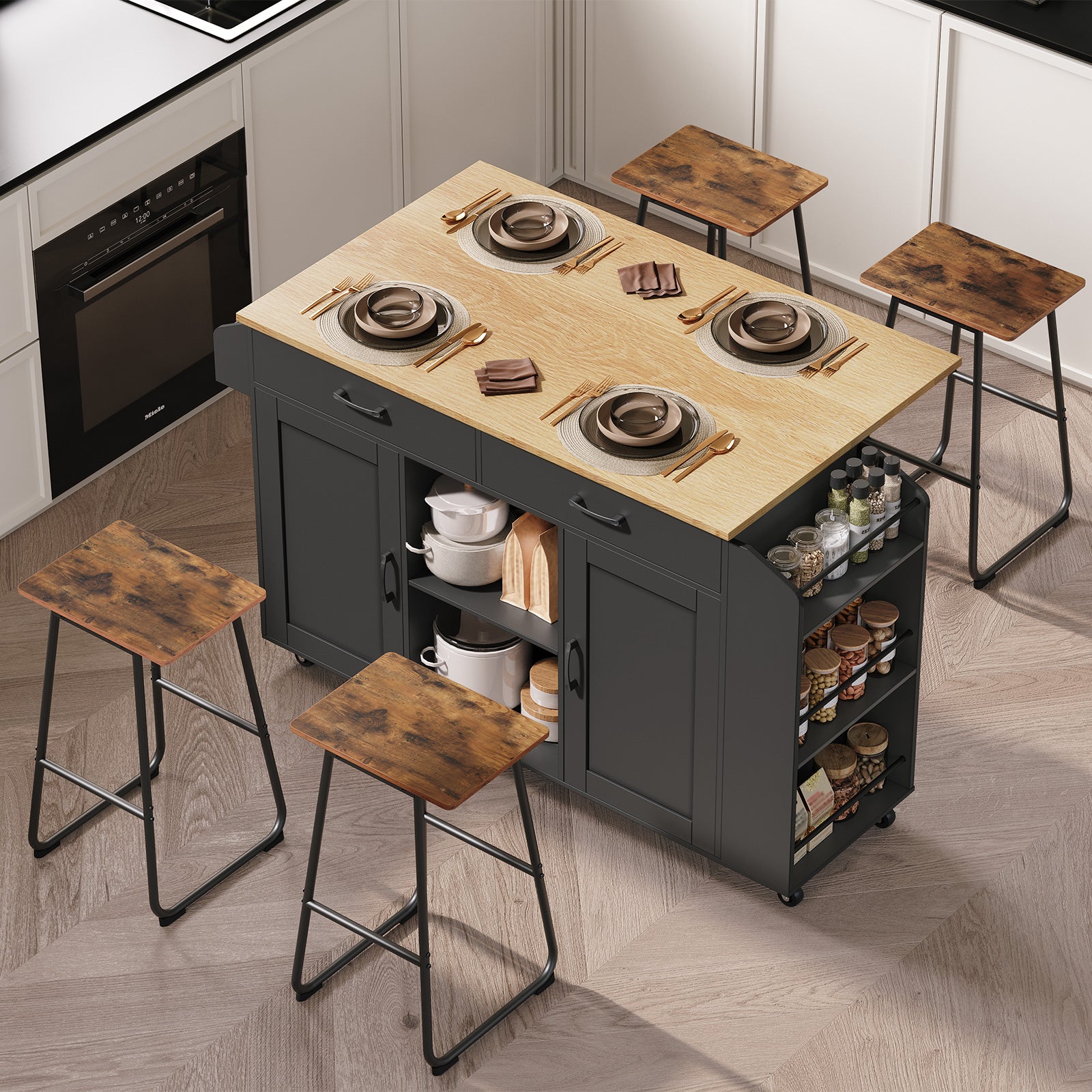 kitchen island in kitchen with 4 bar stooks