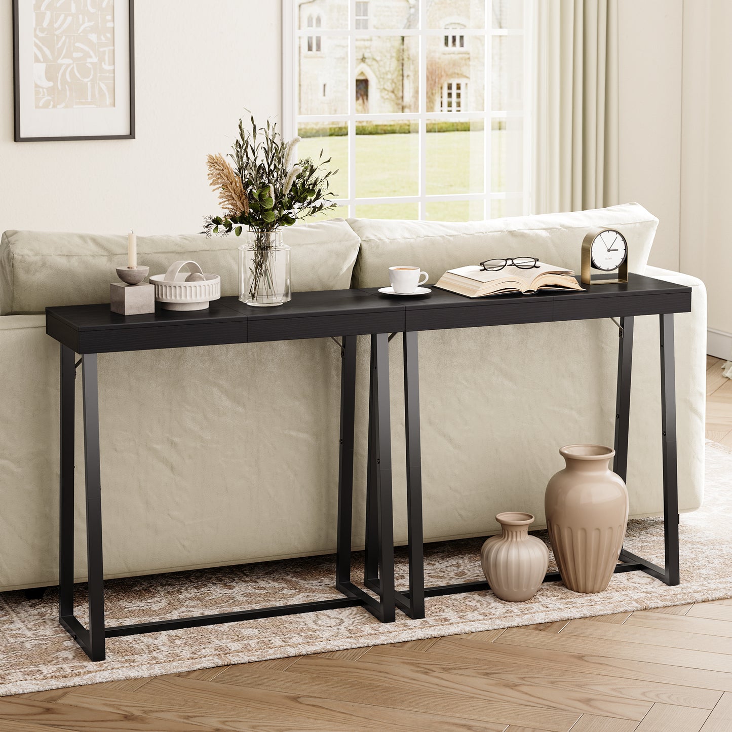 black console table set behind sofa
