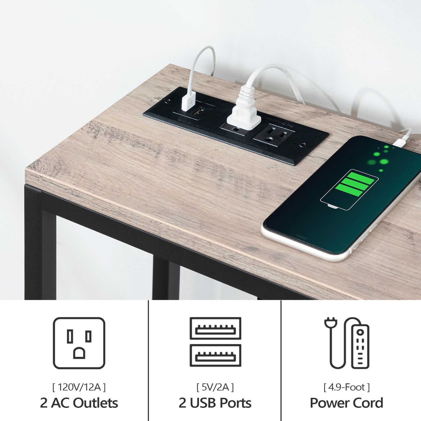 wooden console table with 2 AC outlets and 2 USB ports