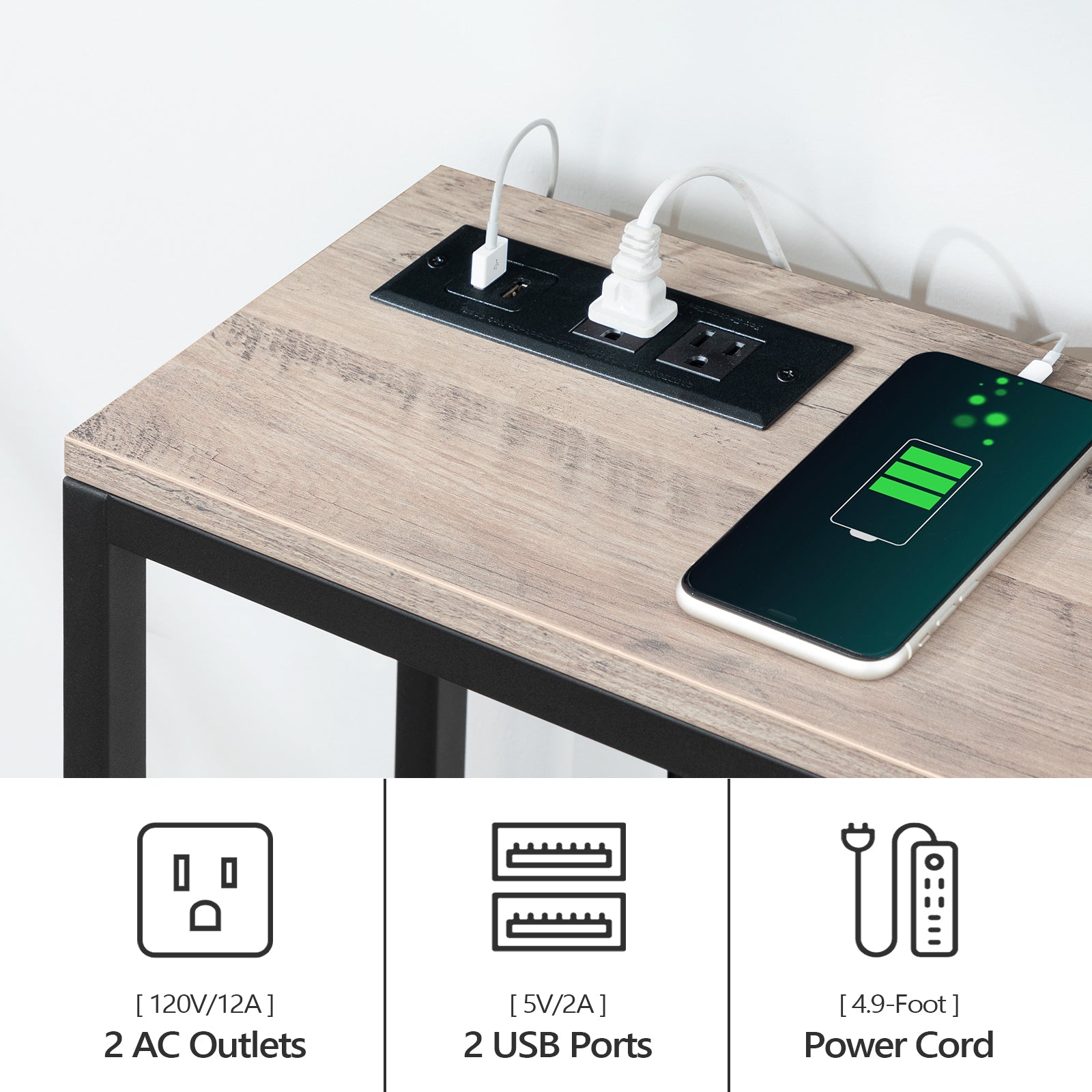 wooden console table with 2 AC outlets and 2 USB ports