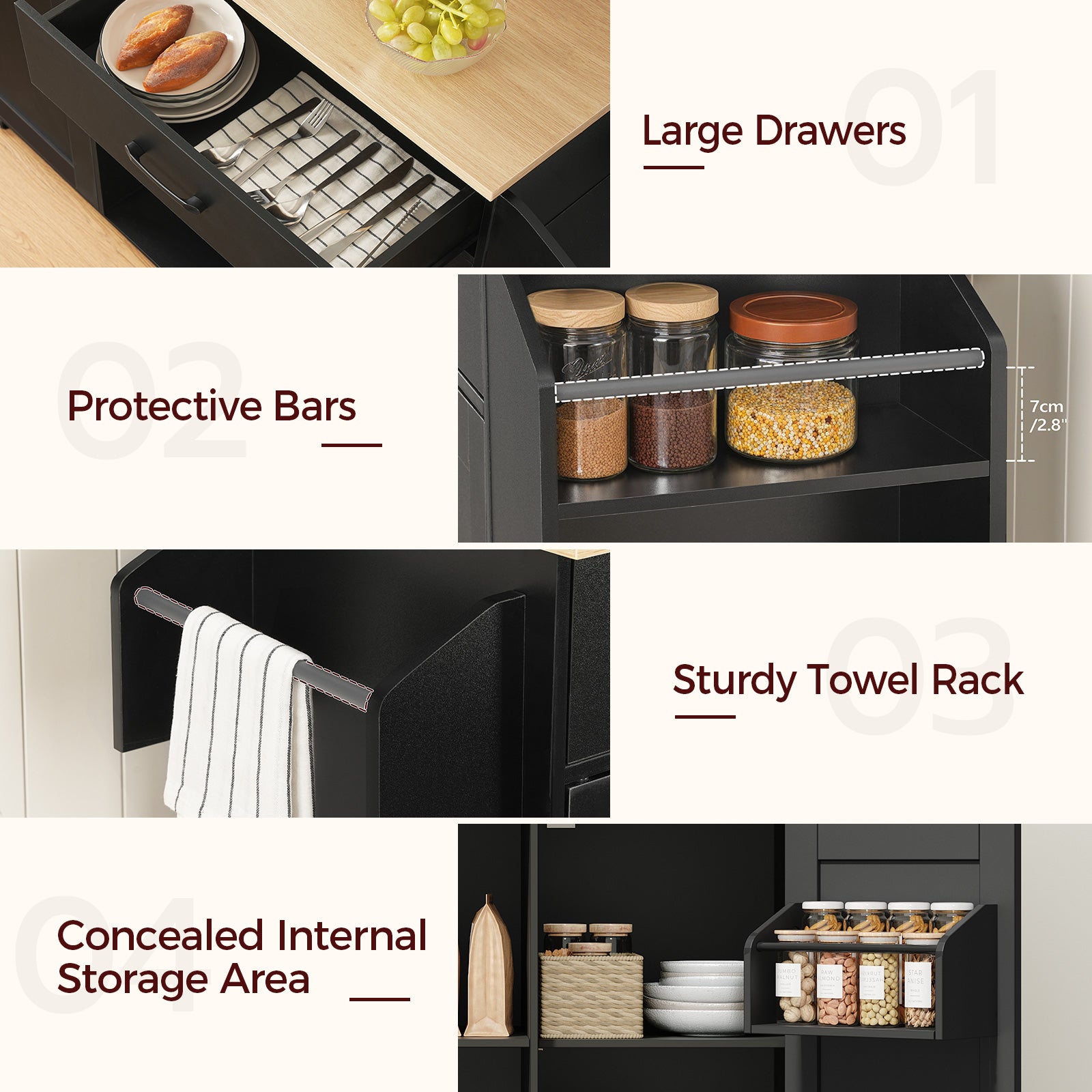 functional shelves and drawers for portable kitchen island