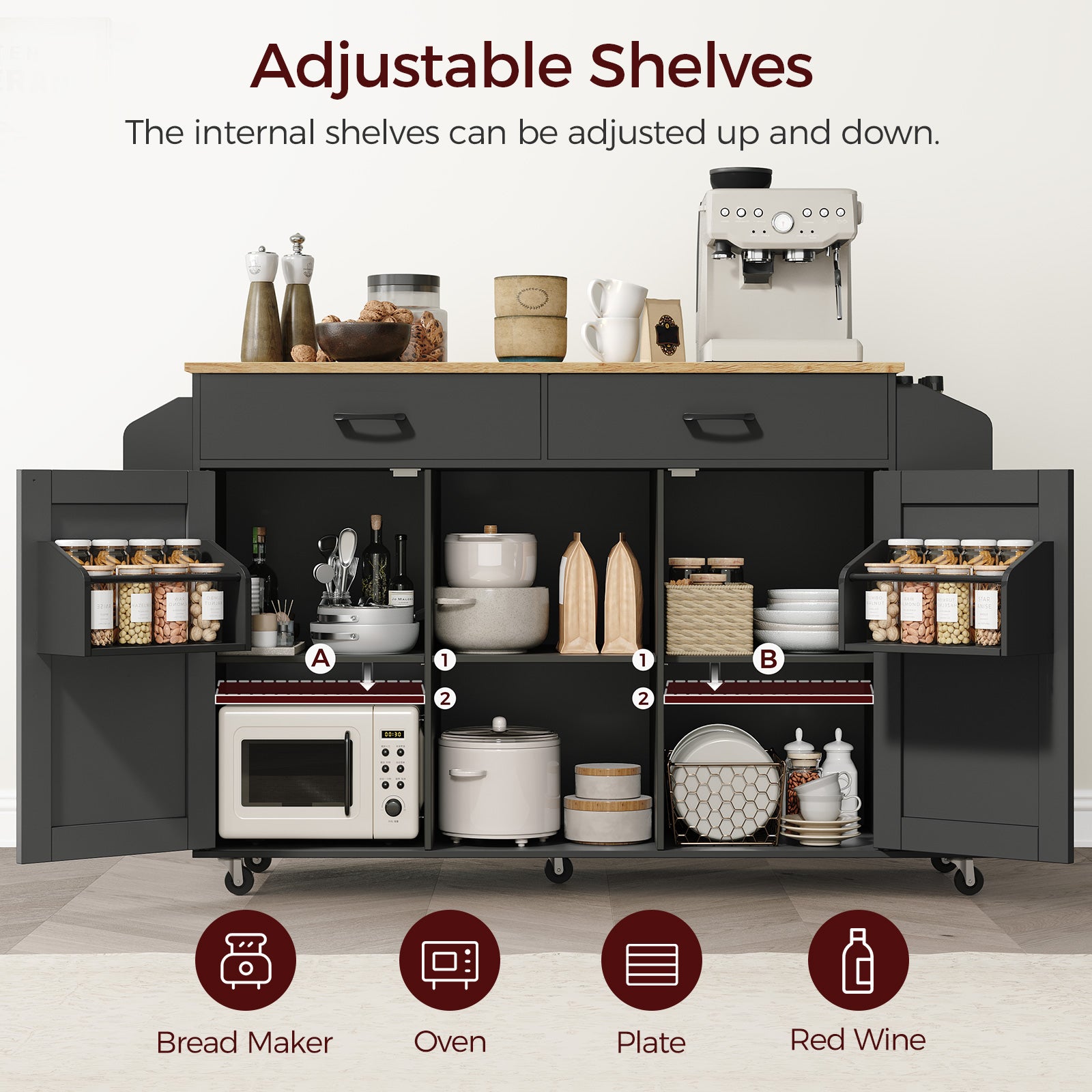 black kitchen island adjustible shelves design