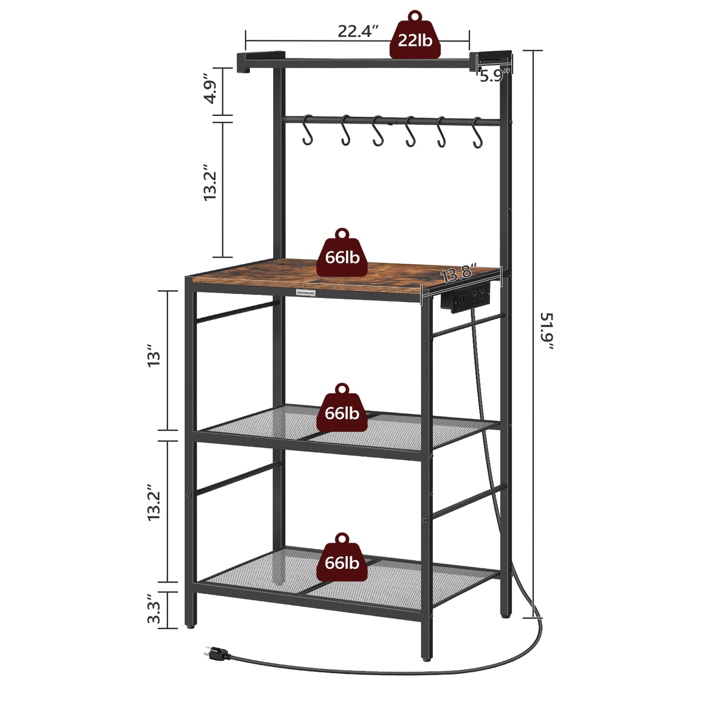 MAHANCRIS 4-tier Storage Baker's Rack Rustic brown