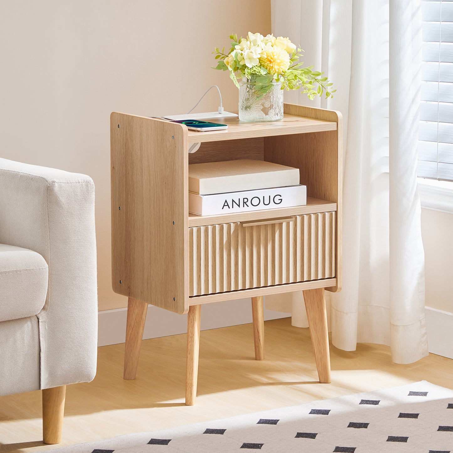 Modern Mid-Century Nightstand with Charging Station