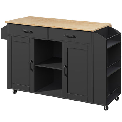black kitchen island with natural wooden top